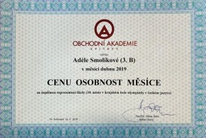 Osobnost měsíce - 04-2019 - Smolíková - certifikát